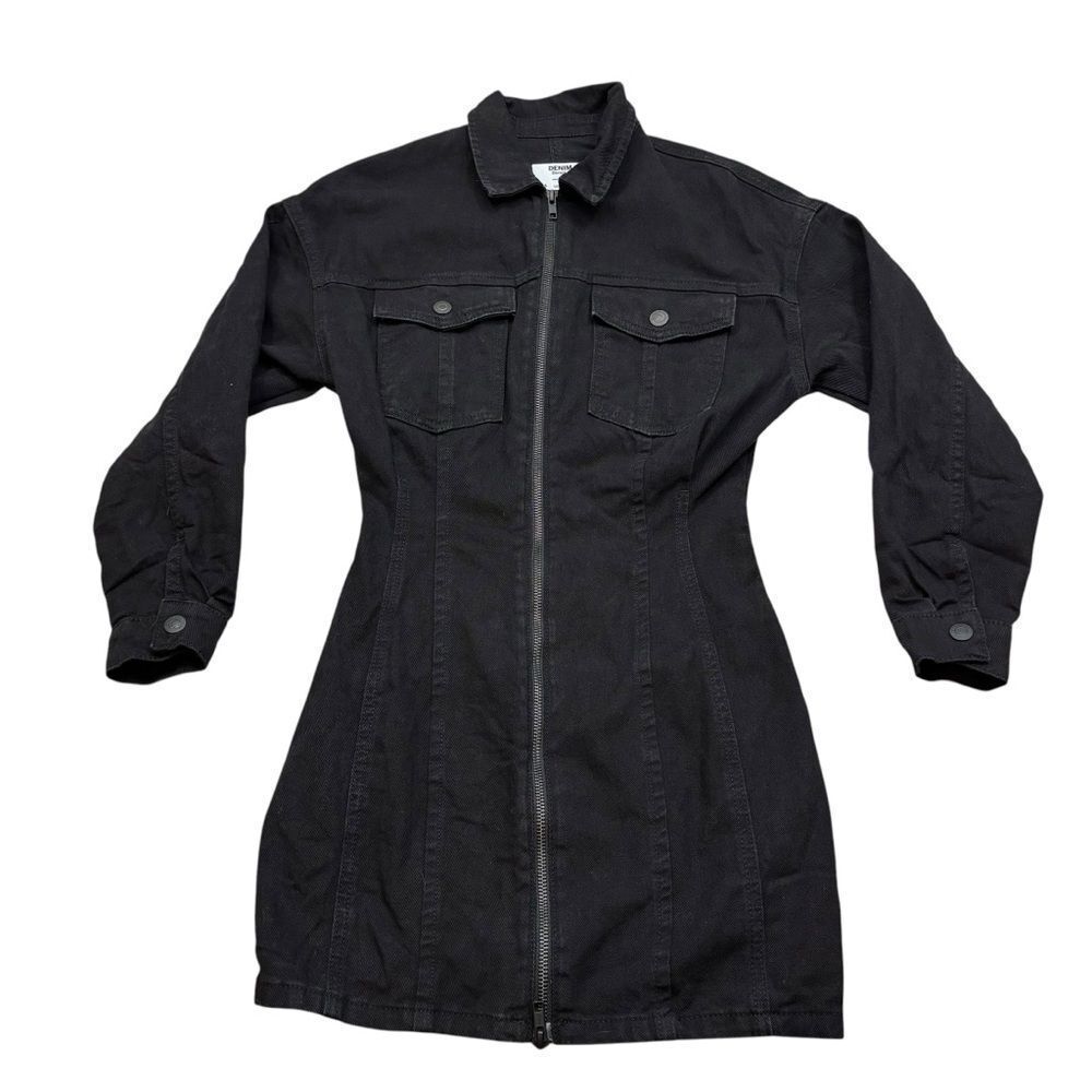 Ladies Bershka Black Drnim Long Sleeve Zip Front Mini Dress Size‎ Small